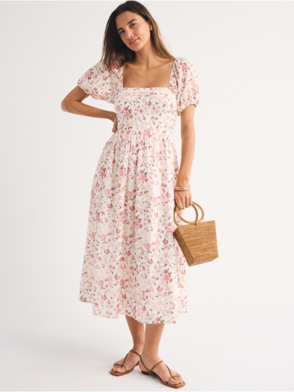 NWT Abercrombie & Fitch Emerson Puff Sleeve Midi Cotton Dress Floral Patchwork S - Picture 1 of 14
